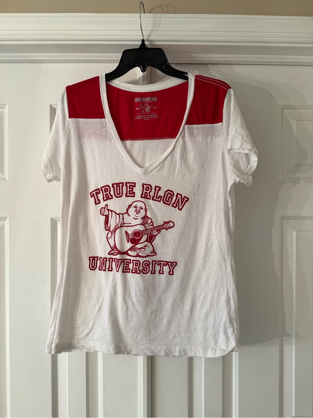 True Religion White and Red V-Neck Graphic Tee